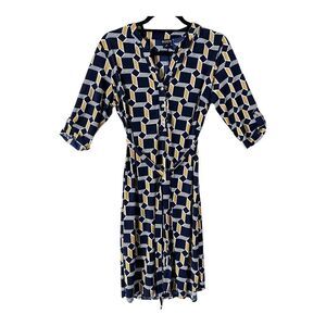 Enfocus Studio Blue/Yellow V Neck Tie Front Midi Dress Size 8